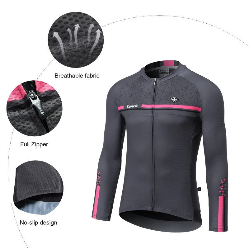 Santic قميص دراجات سانتيك للرجال بأكمام طويلة مع سحاب كامل وReflective جيوب رمادي - Image 4